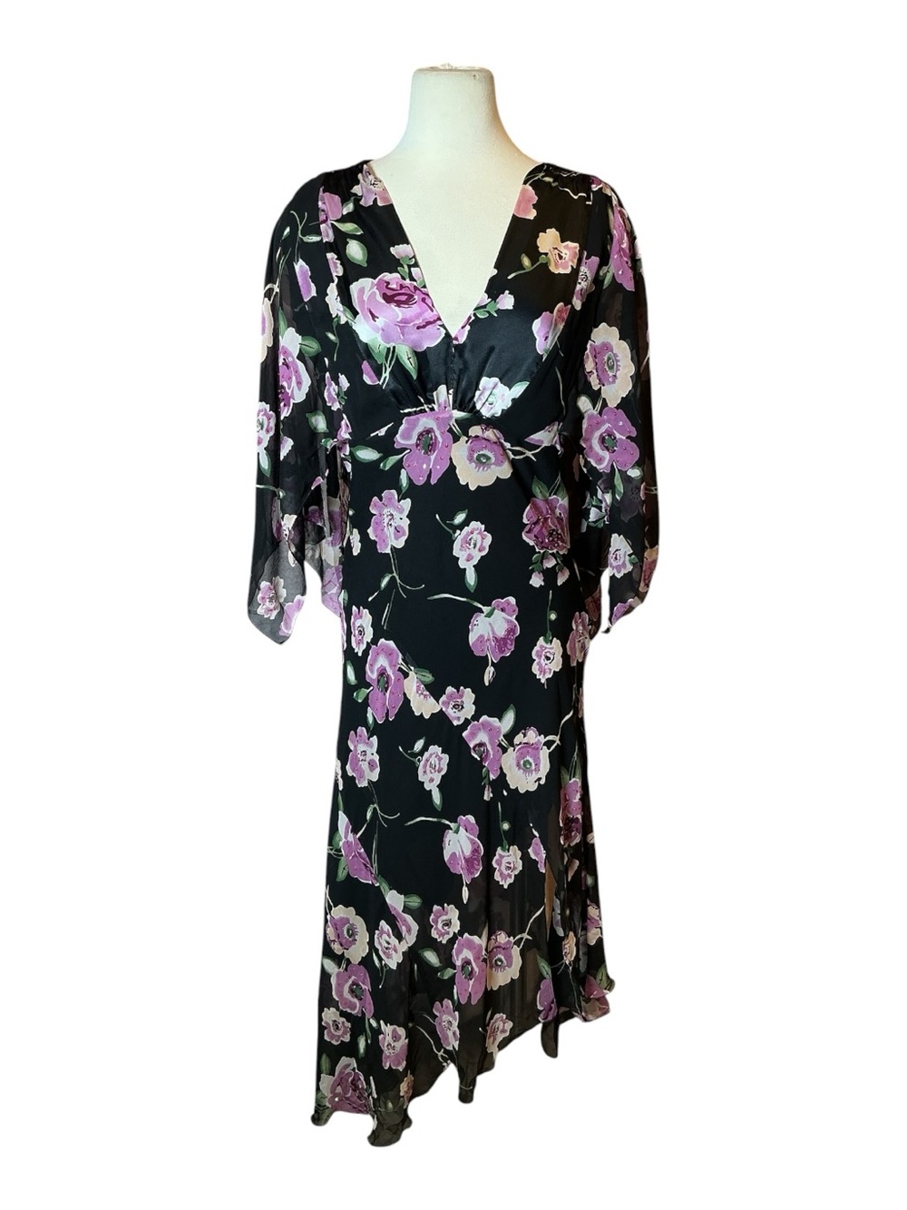 Vintage y2k Ro Merecci Silk Floral Kimono Sleeve beaded Dress Medium